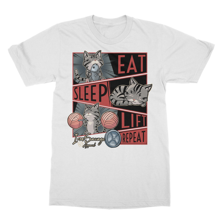 Eat, Sleep, Lift, Repeat Cat T-shirt (UK)